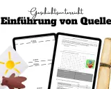 Geschichtsunterricht: Einführung von Quellen. Bild zeigt Tablets mit Aufgaben zur Quellenanalyse Geschichte, Malutensilien und eine Schriftrolle.