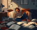 Ein junger Mann sitzt inmitten von Büchern, vertieft in seine Lektüre. Das warme Licht der Abendsonne beleuchtet den Raum, während er sich auf das Lernen konzentriert, fast wie im **gerondif französisch**.