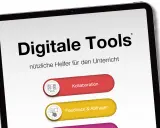 Digitale Tools für den Unterricht: Kollaboration und Feedback & Abfragen werden auf einem Tablet angezeigt.