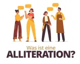 Vier Personen im Gespräch, über ihnen Sprechblasen. Die Frage "Was ist eine Alliteration?" wird gestellt, um das Konzept zu erklären.