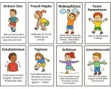 Bewegungsspiele Grundschule: Kinder üben Einbein-Star, Frosch-Hüpfer, Wolkenpflücken, Fauler Hampelmann, Schulterkreisen, Tipptanz, Seiltänzer und Schneckenkarussell.