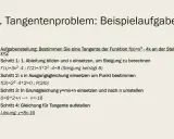 Aufgabenstellung: Bestimmen Sie eine Tangente der Funktion f(x)=x³-4x an der Stelle x=2. Die Lösung zeigt, was ist eine Tangente und wie man sie berechnet.