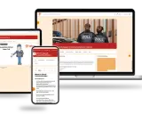 Drei Bildschirme zeigen eine Website über den Zoll-Einstellungstest mit Zollbeamten und einer Illustration.