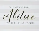 Glückwunschkarte mit dem Schriftzug "Zum bestandenen Abitur. Herzlichen Glückwunsch" in goldener und grauer Schrift auf gestreiftem Hintergrund. Kurze Glückwünsche zum Abitur.