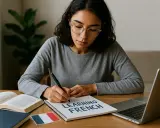 Eine junge Frau lernt nach und nach französisch. Drei Wörter stehen auf ihrem Notizbuch: "Learning French".