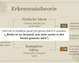 Erkenntnistheorie: einfache Ideen aus Erfahrungen, komplexe Ideen als Kombination. Ein Zitat betont die Bedeutung der Sinne, typisch für die Epoche der Aufklärung.