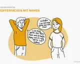 Kennenlernspiel "Kofferpacken mit Namen" für Jugendliche. Zwei Personen stellen sich vor und erzählen, was sie gerne mögen.