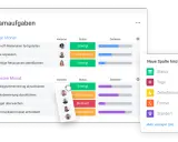 Projektunterricht: Teamaufgaben für diesen und nächsten Monat, mit Status und Zeitleisten. Neue Spalten können hinzugefügt werden.