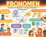 Grafik erklärt die **Pronomen**-Definition im Deutschen. Verschiedene Arten wie Personal-, Possessiv- und Relativpronomen werden mit Beispielen dargestellt.