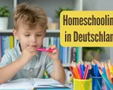 Ein Junge lernt zu Hause. Bunte Stifte und Bücher sind auf dem Tisch. Homeschooling in Deutschland ist eine Option für viele Familien.