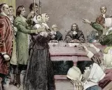 Szene eines Prozesses, der den Puritanismus widerspiegelt. Eine Frau wird beschuldigt, während andere auf sie zeigen.