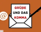 Umschlag mit Stift und Text "Grüße und das Komma" sowie @-Symbol.