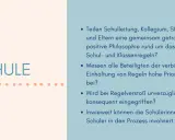 Fragen zur Schul- und Klassenregeln: Gemeinsame Philosophie, Priorität der Einhaltung, Konsequenz bei Verstößen und Einbeziehung der Schüler.