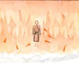 Prophet Amos im Religionsunterricht: Eine Vision von Flammen und ausgestreckten Händen, die eine Botschaft der Hoffnung vermitteln.