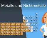 Eine Frau steht vor dem Periodensystem, das Metalle und Nichtmetalle zeigt.