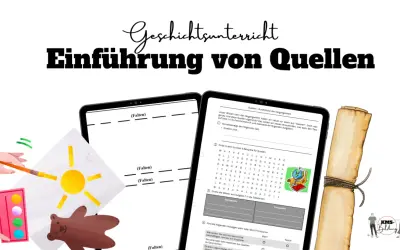 Geschichtsunterricht: Einführung von Quellen. Bild zeigt Tablets mit Aufgaben zur Quellenanalyse Geschichte, Malutensilien und eine Schriftrolle.