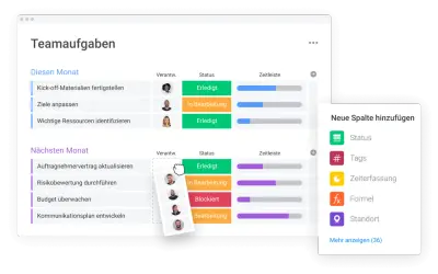 Projektunterricht: Teamaufgaben für diesen und nächsten Monat, mit Status und Zeitleisten. Neue Spalten können hinzugefügt werden.