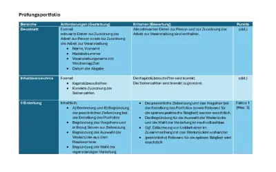 Tabelle mit Kriterien für ein Prüfungsportfolio. Ein epochalnote-würdiges Dokument erfordert klare Struktur und Begründung.