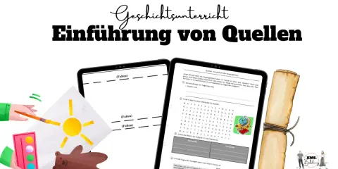 Geschichtsunterricht: Einführung von Quellen. Bild zeigt Tablets mit Aufgaben zur Quellenanalyse Geschichte, Malutensilien und eine Schriftrolle.