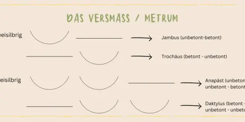 Schema zum metrum bestimmen: Zweisilbrig (Jambus, Trochäus) und Dreisilbrig (Anapäst, Daktylus) mit Betonungsmustern.