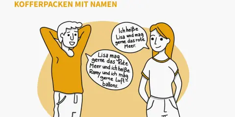 Kennenlernspiel "Kofferpacken mit Namen" für Jugendliche. Zwei Personen stellen sich vor und erzählen, was sie gerne mögen.