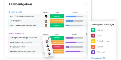Projektunterricht: Teamaufgaben für diesen und nächsten Monat, mit Status und Zeitleisten. Neue Spalten können hinzugefügt werden.