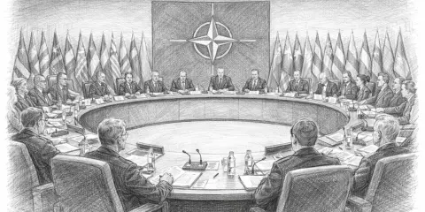 Eine Gruppe von Staatsmännern sitzt an einem runden Tisch, umgeben von Flaggen, und diskutiert über die Zukunft, vielleicht über die Abwehr von **Imperialismus**.