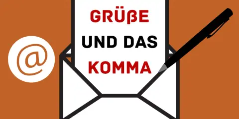 Umschlag mit Stift und Text "Grüße und das Komma" sowie @-Symbol.