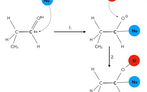 Schema zeigt eine nukleophile Addition: Ein Nukleophil (Nu) greift ein Carbonylkohlenstoffatom an, gefolgt von der Anlagerung eines Elektrophils (El).