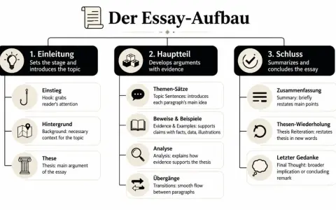Schema zum Aufbau eines Essays: Einleitung, Hauptteil mit Analyse, Schluss. Hilft beim Analyse schreiben Englisch.
