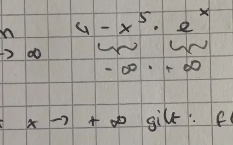 Grenzwertuntersuchung: lim (4-x⁵eˣ) für x→∞ ergibt -∞. Das globale Verhalten der Funktion ist also negativ unendlich.
