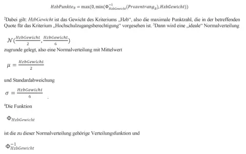 Formel zur Berechnung der Hochschulzugangsberechtigung mit Notenpunkten. Die Formel nutzt das HzbGewicht und eine Normalverteilung.
