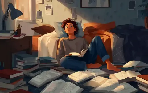 Ein junger Mann sitzt inmitten von Büchern, vertieft in seine Lektüre. Das warme Licht der Abendsonne beleuchtet den Raum, während er sich auf das Lernen konzentriert, fast wie im **gerondif französisch**.
