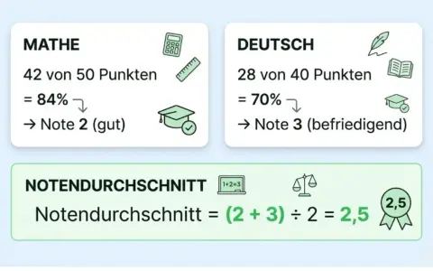 Zwei Karten zeigen Notenberechnungen für Mathe und Deutsch, darunter die Formel für den Notendurchschnitt.