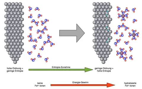 Ein Eisennagel reagiert mit Kupfersulfatlösung. Eisenionen (Fe2+) lösen sich, während sich Kupfer auf dem Nagel abscheidet. Entropie nimmt zu, Energie wird gewonnen.