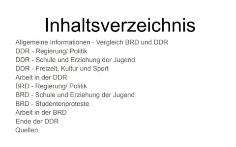 Inhaltsverzeichnis mit Vergleich von BRD und DDR, Themen wie Politik, Schule, Arbeit und Studentenproteste werden beleuchtet.