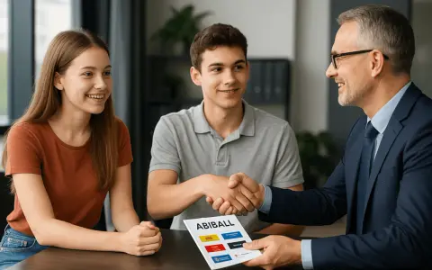 Zwei lächelnde Schüler und ein Geschäftsmann schütteln sich die Hände. Sie besprechen die Abiball Sponsoren, die auf einem Flyer abgebildet sind.