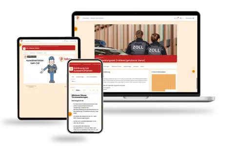 Drei Bildschirme zeigen eine Website über den Zoll-Einstellungstest mit Zollbeamten und einer Illustration.