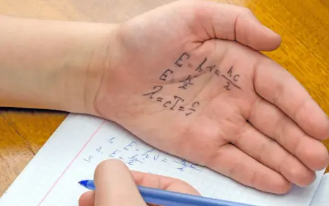Formeln auf der Handfläche, um in der Schule zu spicken. Ein Schüler schreibt physikalische Gleichungen auf seine Hand, während er in sein Heft schaut.