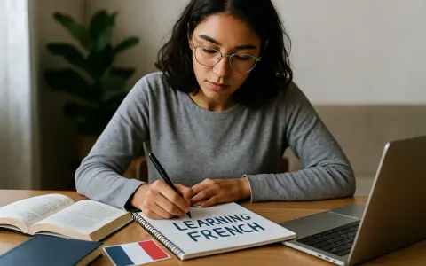 Eine junge Frau lernt nach und nach französisch. Drei Wörter stehen auf ihrem Notizbuch: "Learning French".
