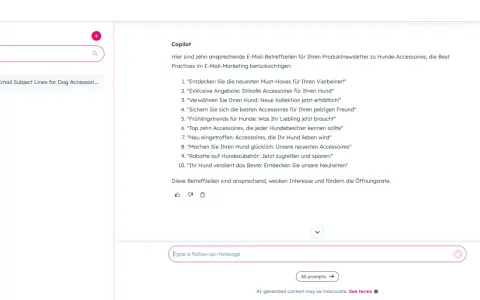 KI-Copilot schlägt zehn E-Mail-Betreffzeilen für Hunde-Accessoires vor, um die Öffnungsrate zu steigern.