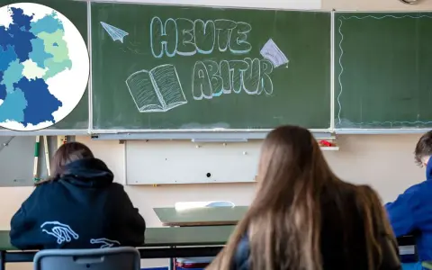 Schüler im Klassenzimmer blicken auf eine Tafel mit der Aufschrift "Heute Abitur". Eine Karte Deutschlands zeigt die **Wertigkeit Abitur Bundesländer Tabelle**.