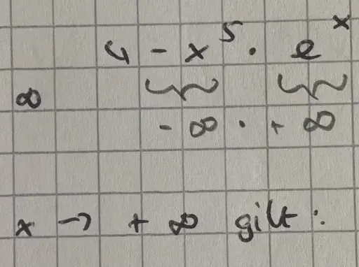 Grenzwertuntersuchung: lim (4-x⁵eˣ) für x→∞ ergibt -∞. Das globale Verhalten der Funktion ist also negativ unendlich.