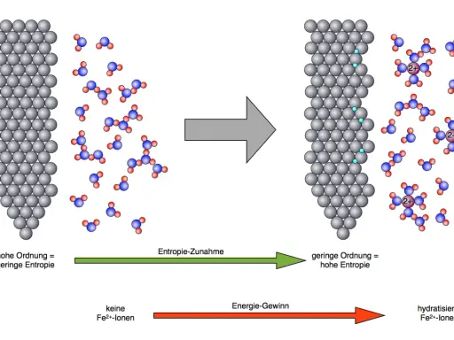 Ein Eisennagel reagiert mit Kupfersulfatlösung. Eisenionen (Fe2+) lösen sich, während sich Kupfer auf dem Nagel abscheidet. Entropie nimmt zu, Energie wird gewonnen.