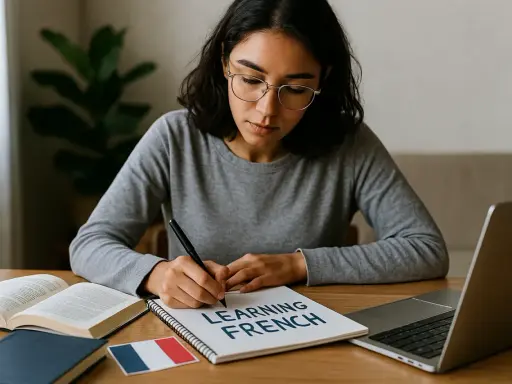 Eine junge Frau lernt nach und nach französisch. Drei Wörter stehen auf ihrem Notizbuch: "Learning French".