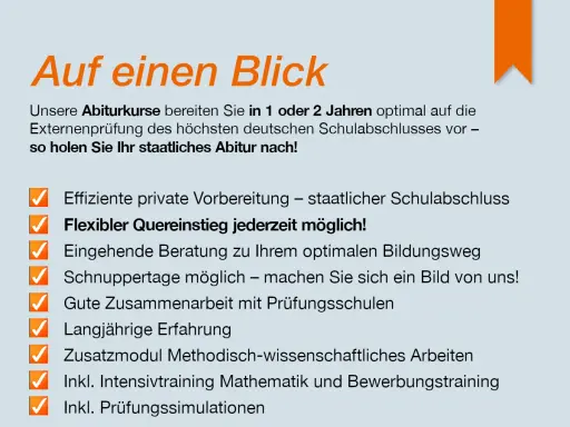 Online Abitur: Flexibler Quereinstieg, staatlicher Schulabschluss in 1-2 Jahren. Intensive Vorbereitung, Beratung, Erfahrung.