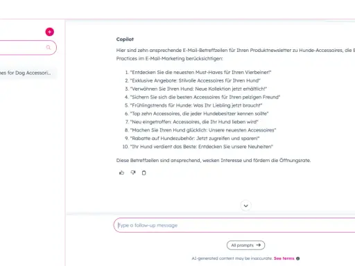 KI-Copilot schlägt zehn E-Mail-Betreffzeilen für Hunde-Accessoires vor, um die Öffnungsrate zu steigern.