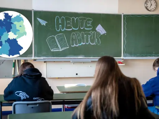 Schüler im Klassenzimmer blicken auf eine Tafel mit der Aufschrift "Heute Abitur". Eine Karte Deutschlands zeigt die **Wertigkeit Abitur Bundesländer Tabelle**.