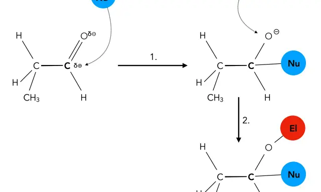 Schema zeigt eine nukleophile Addition: Ein Nukleophil (Nu) greift ein Carbonylkohlenstoffatom an, gefolgt von der Anlagerung eines Elektrophils (El).