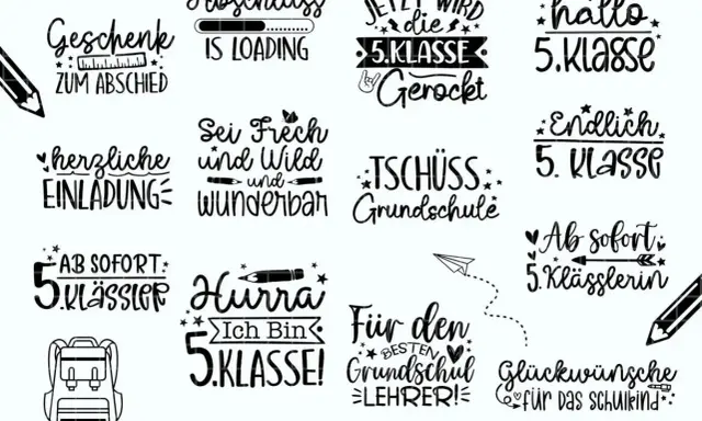 Sprüche zum Abschluss 10. Klasse: "Geschenk zum Abschied", "Abschluss is loading", "Jetzt wird die 5. Klasse gerockt", "Hallo 5. Klasse", "Endlich 5. Klasse", "Tschüss Grundschule", "Ab sofort 5. Klässler/in", "Hurra, ich bin 5. Klasse!", "Für den best...